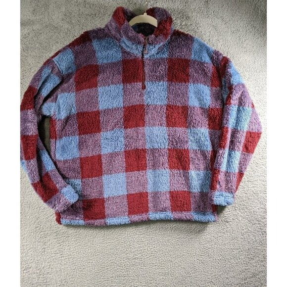 Eddie Bauer Sweater Jacket Womens XL Teddy Plush Fleece Check Plaid 1/4 Zip Mock - Picture 1 of 12